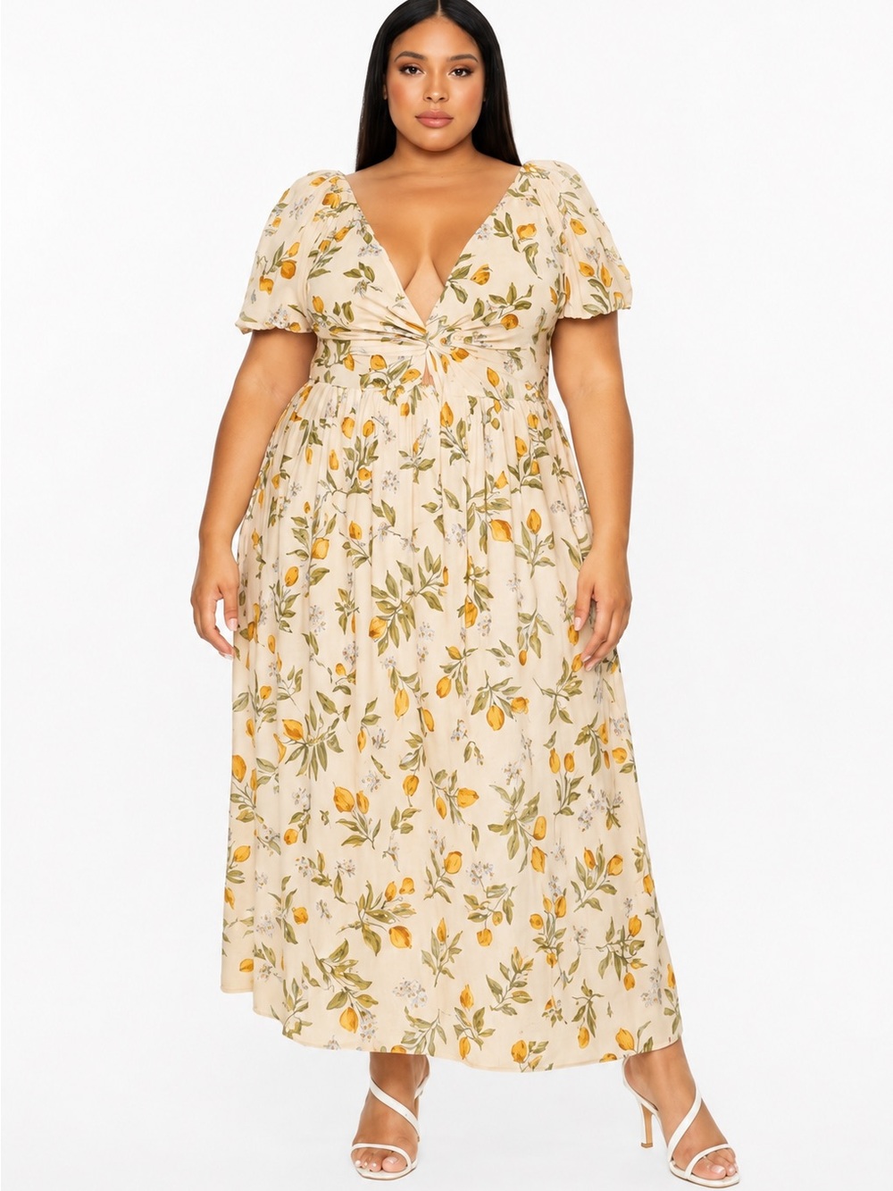 LEA Plus Size Lemon Floral Maxi Dress Cottagecore Boho 2X